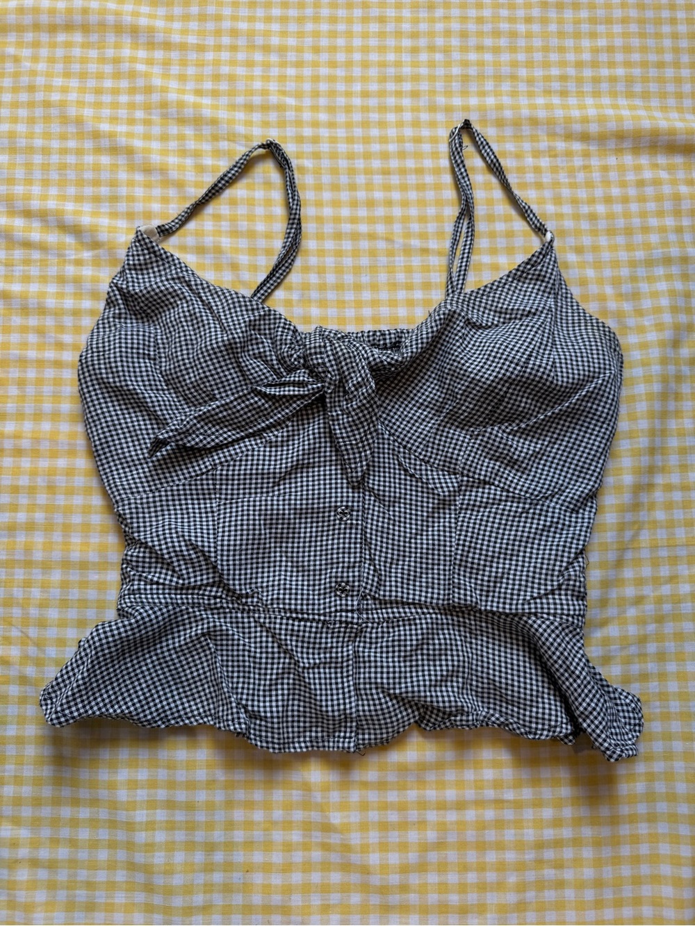 Women’s Black & White Gingham Tie-Front Peplum Cami Top
